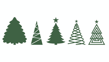 Obraz premium Five stylized green Christmas trees showing different modern design styles from classic pine to geometric triangles.