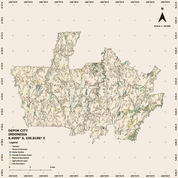 Depok City Topographic Contour and Terrain Elevation Map Vector Illustration