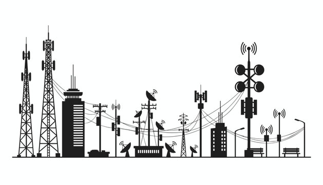Interconnected telecommunication towers and antennas in a black silhouette cityscape design over a white background.