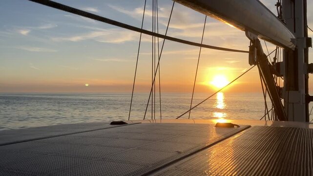 Golden sunset viewed from a gently rocking sailboat at sea filmed from onboard perspective