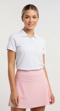 Young woman in white polo shirt and pink skirt posing in studio