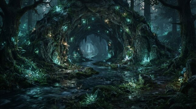 Moss covered archway forming tunnel in dark forest