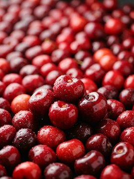 Vibrant red cherries, freshly picked and glistening with water droplets, create a healthy and refreshing summer fruit bounty