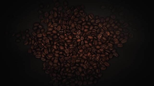 Dark roasted coffee beans bounce up at the camera against a dark backdrop