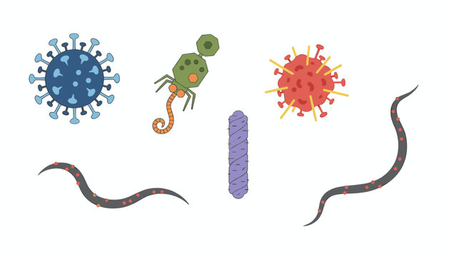 Diverse collection of colorful cartoon virus, bacteria, pathogen and worm shapes under a microscope view.