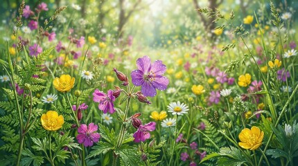 Fototapeta premium Wildflower meadow blooming with delicate grasses and blossoms