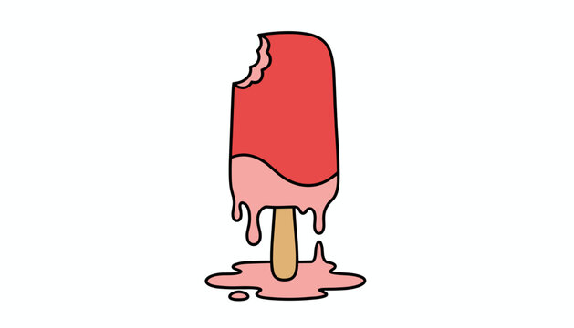 Illustration of a half eaten melting pink and red strawberry ice cream popsicle on a stick dripping on the floor.