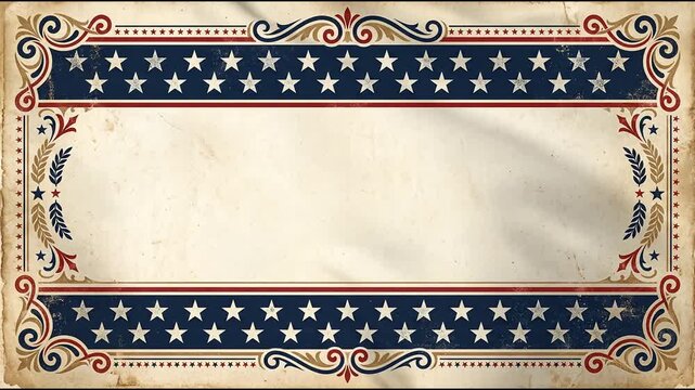 Vintage American patriotic frame border with stars and red blue scrolls surrounding central copy space.