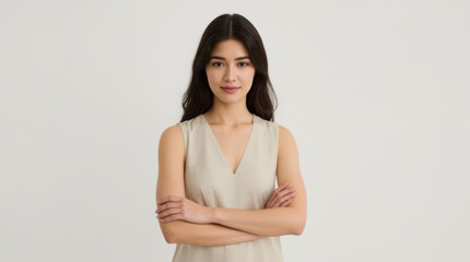 Obraz premium Asian woman crossed arms neutral background portrait