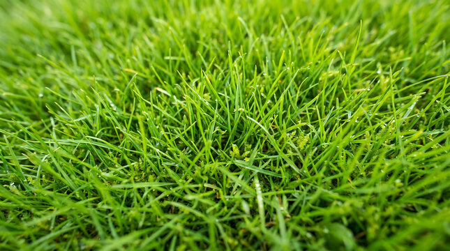 Close-up view of fresh green grass blades with water drops after morning rain
