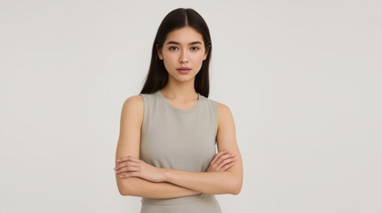 Obraz premium Asian woman standing with crossed arms in sleeveless shirt