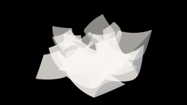 White paper sheets orbit the center in layered elliptical paths with varied depth and rotation, creating a seamless motion overlay ideal for document, office, education, and business visuals.