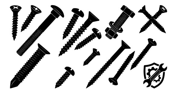 Black self tapping screw and bolt silhouette vector collection with threaded fasteners industrial hardware symbols for construction designs