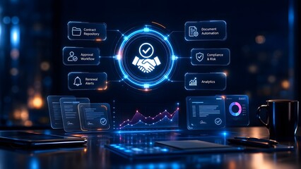 Naklejka premium Advanced glowing blue contract management dashboard hologram with digital documents and data analytics charts on dark office desk