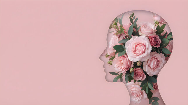 A conceptual artistic representation of a human head filled with beautiful blooming flowers for world halth day celebrating mental wellness and inner peace