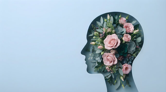 A conceptual artistic human head silhouette filled with beautiful blooming flowers representing mental wellness and growth for the upcoming annual global world halth day