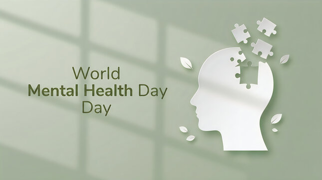 A conceptual illustration for world halth day featuring a human head silhouette with puzzle pieces representing psychological well being and complex mental health awareness