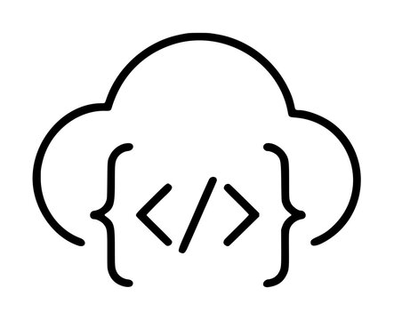 Hand-drawn vector illustration icon depicting cloud computing programming concept with curly brackets and code symbols, minimalist line art style, black outline, isolated on white background, perfect