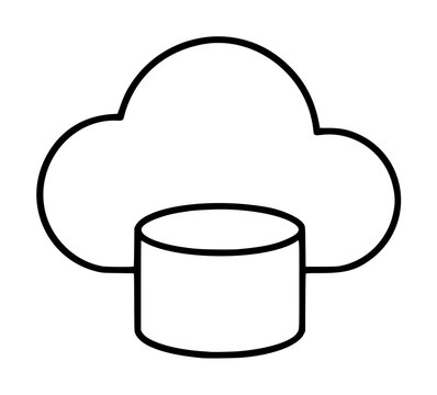Black outline cloud and database cylinder vector icon illustration, hand-drawn minimal line art symbol representing cloud storage and data management on a white background, clean contour design