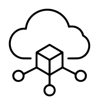 Hand-traced vector line icon illustration showing a cloud connected to an isometric cube with three circular nodes, representing cloud microservice architecture and distributed computing