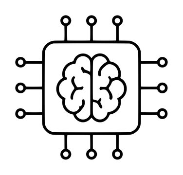 Hand-traced vector icon illustration of a brain inside a microchip with circuit pin connectors, depicting neural processing and cognitive computing technology in minimalist line art style