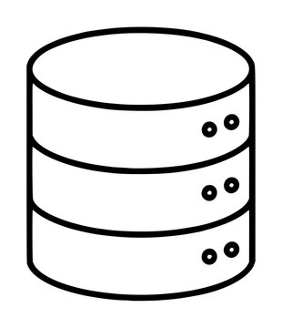 Hand-traced black and white vector illustration of a stacked cylindrical data storage icon, featuring three tiered layers with small circular indicator dots, representing a database or server unit in