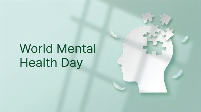 A conceptual illustration for world halth day featuring a human head silhouette with puzzle pieces representing psychological well being and mental health awareness support