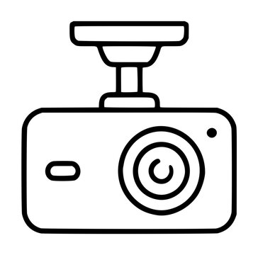 Hand-drawn dash cam vector icon illustration, monochrome outline style depicting a vehicle dashboard camera with lens, button, and suction mount, ideal for automotive technology graphics