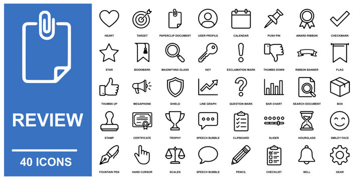 Review collection: speech bubble, magnifying glass, and 38 other symbols