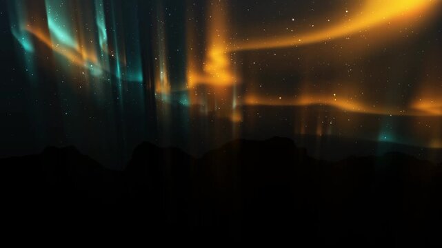 Abstract glowing golden particle christmas tree shape animated against ethereal aurora borealis background with sparkling particles shimmering