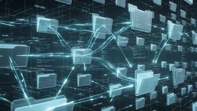 Digital Data Network: An abstract visualization of a digital network, showcasing interconnected folders and flowing data streams, representing the vastness and complexity of information systems.