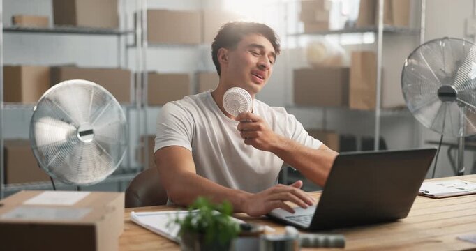 Shipping, laptop and man with fan for hot weather, heatwave and cool down with air flow in office. Computer, person and heat stress, summer fatigue and discomfort problem in distribution startup