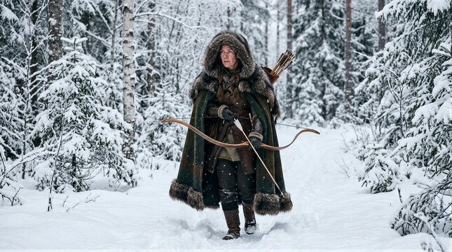 Female archer standing with bow in snowy birch forest winter landscape
