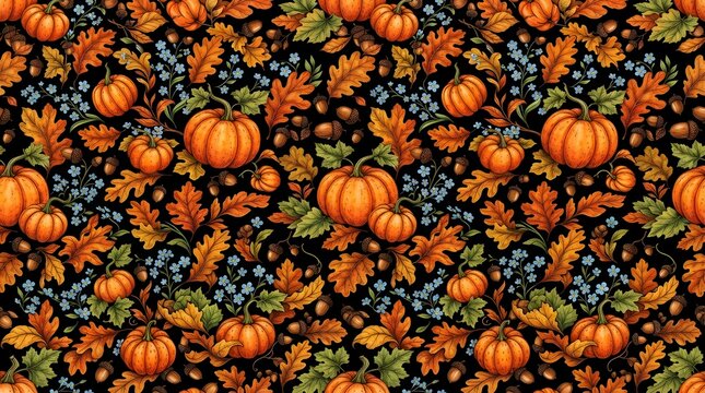 Seamless pattern with pumpkins, oak leaves, and acorns on a black background