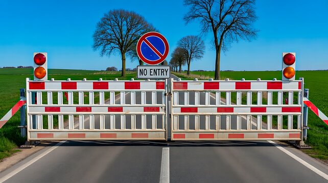 Railway crossing barrier closed with no entry sign and warning lights