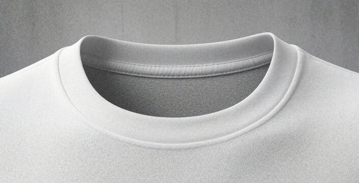 Close up of plain white t-shirt collar and neckline area. Soft cotton fabric shows subtle texture. Ideal blank canvas for graphic design and print.