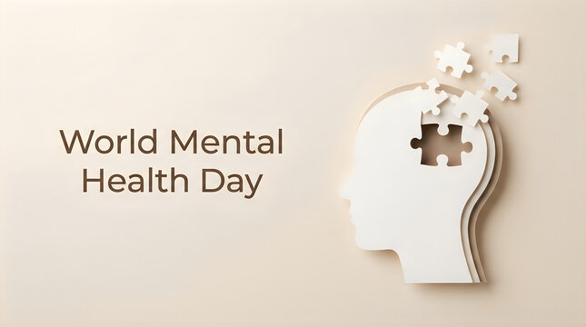 A conceptual illustration representing world halth day featuring a human head silhouette with puzzle pieces to symbolize mental wellness and psychological awareness support