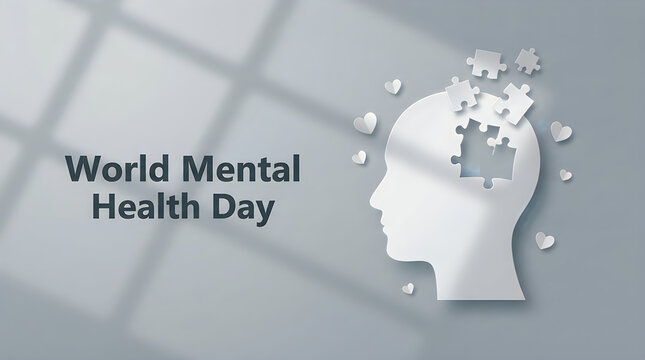 A conceptual illustration featuring a human head silhouette with puzzle pieces for the annual observance of world halth day regarding mental wellness and awareness