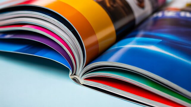 Open colorful magazine pages showing print publishing and reading concept