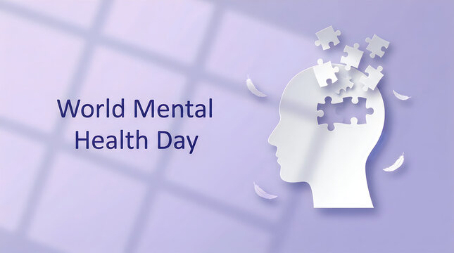 A conceptual illustration for world halth day featuring a paper cutout human head with puzzle pieces and flowers on a soft purple background