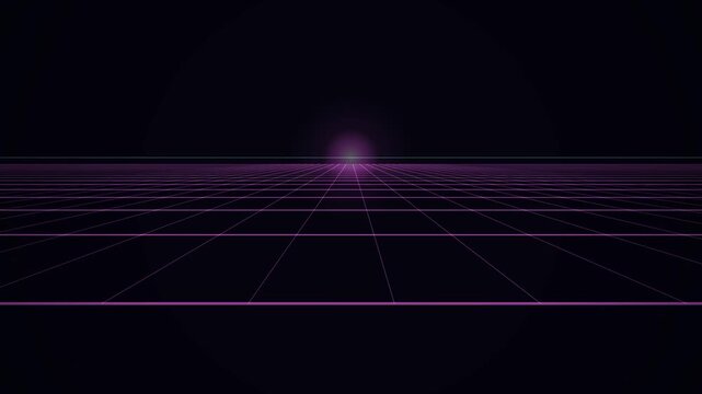 Retro 80s synthwave landscape with glowing purple grid and horizon