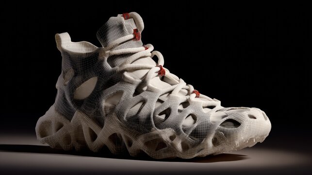 Modern shoe design showcases unique shape and structure in a studio setting with focused lighting