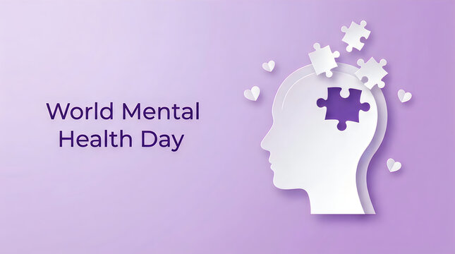 A conceptual illustration featuring a human head silhouette with puzzle pieces for world halth day to raise awareness about psychological wellbeing and mental health