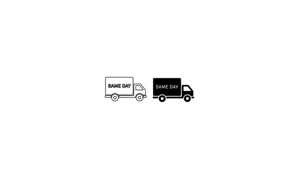Two delivery trucks with same day text in a minimalist silhouette