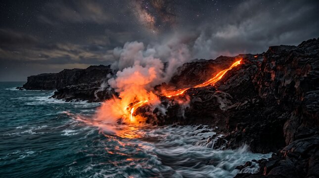 Molten lava flows into ocean under starry night sky