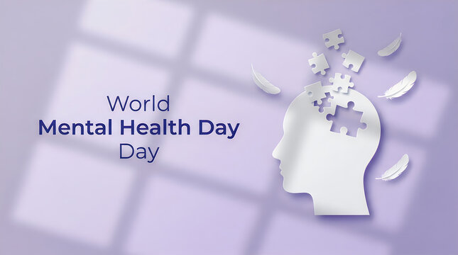 A conceptual illustration designed for world halth day featuring a human head silhouette with floating elements to represent psychological well being and mental awareness