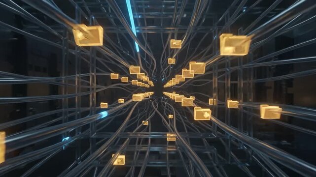 Digital Network of Information Folders: A complex and intricate digital network is visualized, with numerous glowing golden folders interconnected by a dense web of wires and cables.