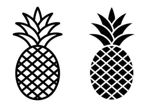 Two pineapple fruit icons presented in outline and solid black styles for fresh food graphic designs.
