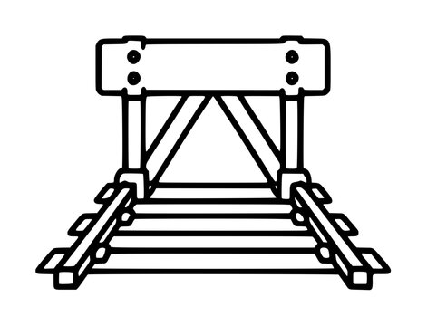 Hand-drawn railway buffer stop vector icon with bolted stop plate, wooden sleepers, and converging rails in black outline line art illustration style