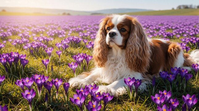 Regal cavalier spaniel dog rests in a sunny field of purple crocus flowers. This beautiful brown and white pet enjoys a serene spring day outdoors, with vibrant blooms surrounding it in soft bokeh.